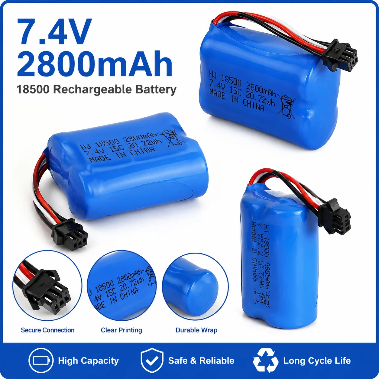 18500 Rechargeable Battery 7.4V 2800mAh 15C High Rate Suitable for RC Remote Control Car Off-road Vehicle High-speed Car Battery