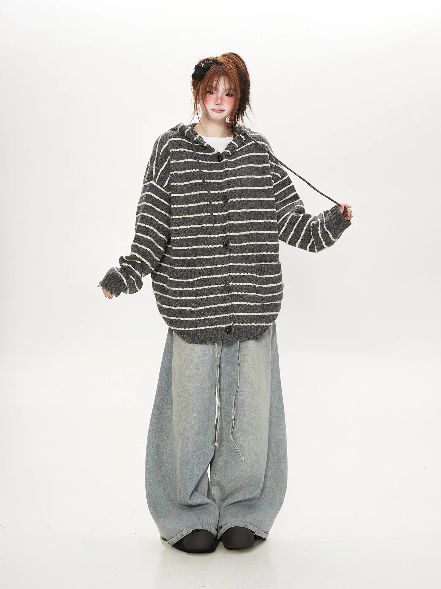 

ay Striped Knitted Hoodie Jaet Women's Loose Lazy Sle Couple's Open Cardigan Top Comfortable Mid-Length Long Sve