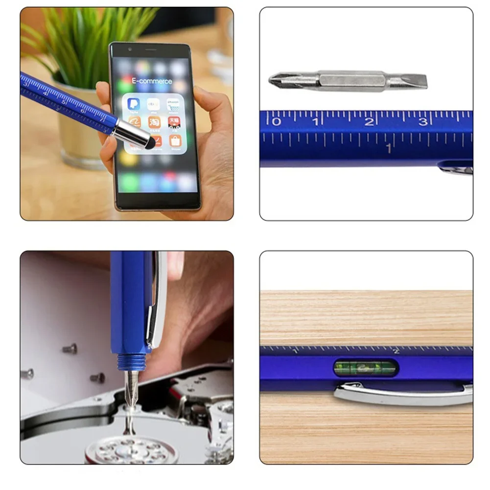 6 In 1 Multi-function Tool Pen Multiple Colors Available Hand Tool Level Scale Touch Screen Metal Ballpoint Pen