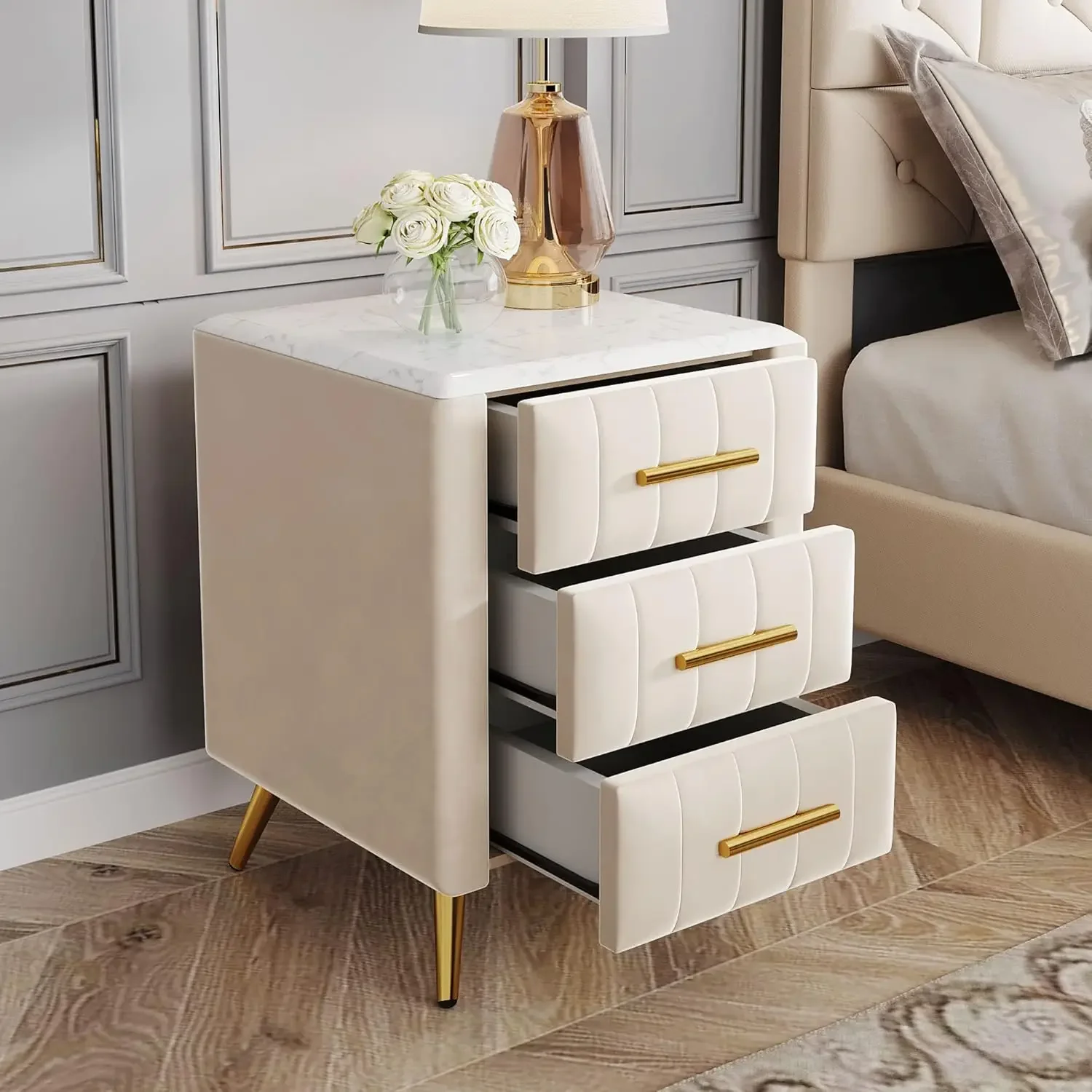 Upholstered Nightstand with Faux Marble Top, Bedside Table Furniture, End Table with Metal Legs for Bedroom, Living Room, Beige