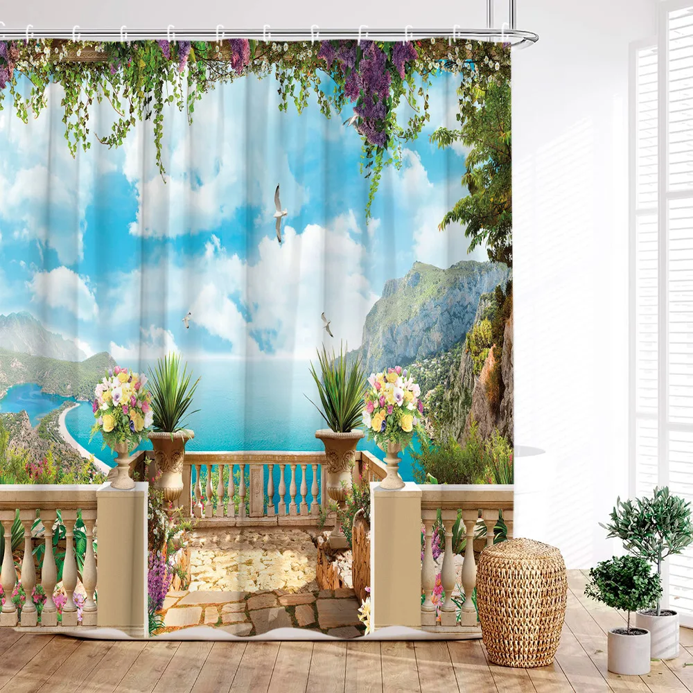 Seaside Town Scenic Shower Curtain Ocean Nature Beach Botanical Flower Street Scenery Polyester Fabric Bathroom Decor Curtains