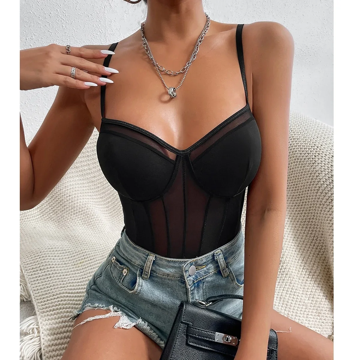 ssTss 2024 Summer New Hot Sale Sexy Backless Lace Mesh Bodysuit For Women Black Red V-Neck Sleeveless Bra Jumpsuit One Piece