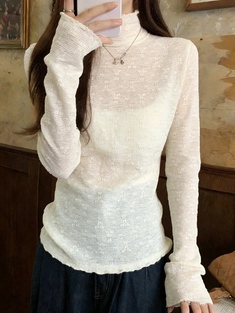 Lace Trim Mesh Base Shirt Women's Thin Half High Collar Spring New Fashion Soft Comfortable Long Sleeve T-Shirt Cleanfit Style