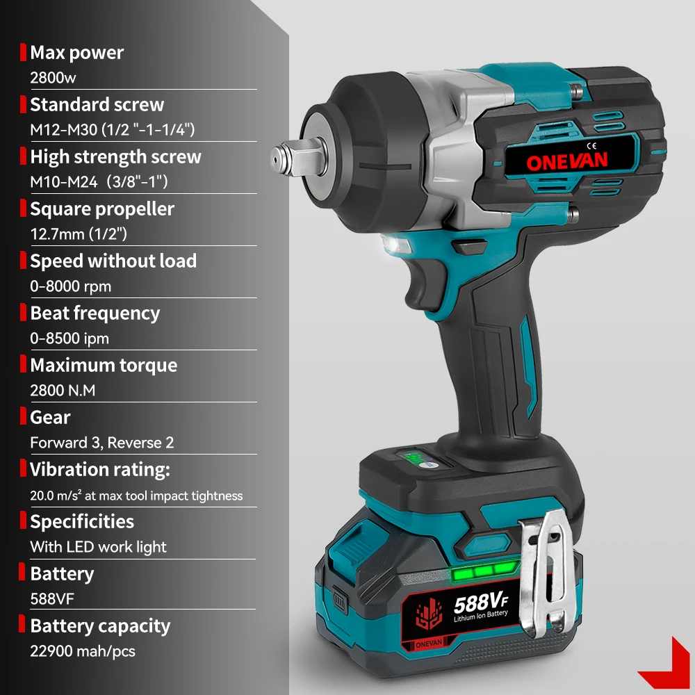 ONEVAN 2800N.M Brushless Electric Impact Wrench 2800W 1/2 Inch Cordless Wrench Screwdriver Power Tool For Makita 18V Battery Pin