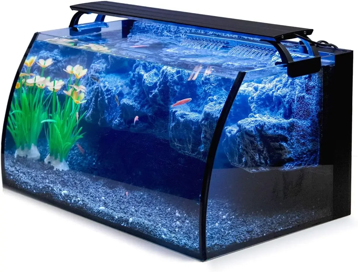 

8 Gallon LED Glass Aquarium Kit for Starters with 7W Power Filter Pump 18W Colored Led Light Wide View Curved Shape Fish Tank