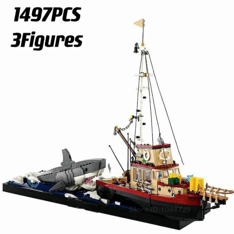 2024 New 21350 Jaws Diorama Boat Shark Pirate Ship Building Blocks Fishing Boat Model Bricks Toys Birthday Gift for Kid