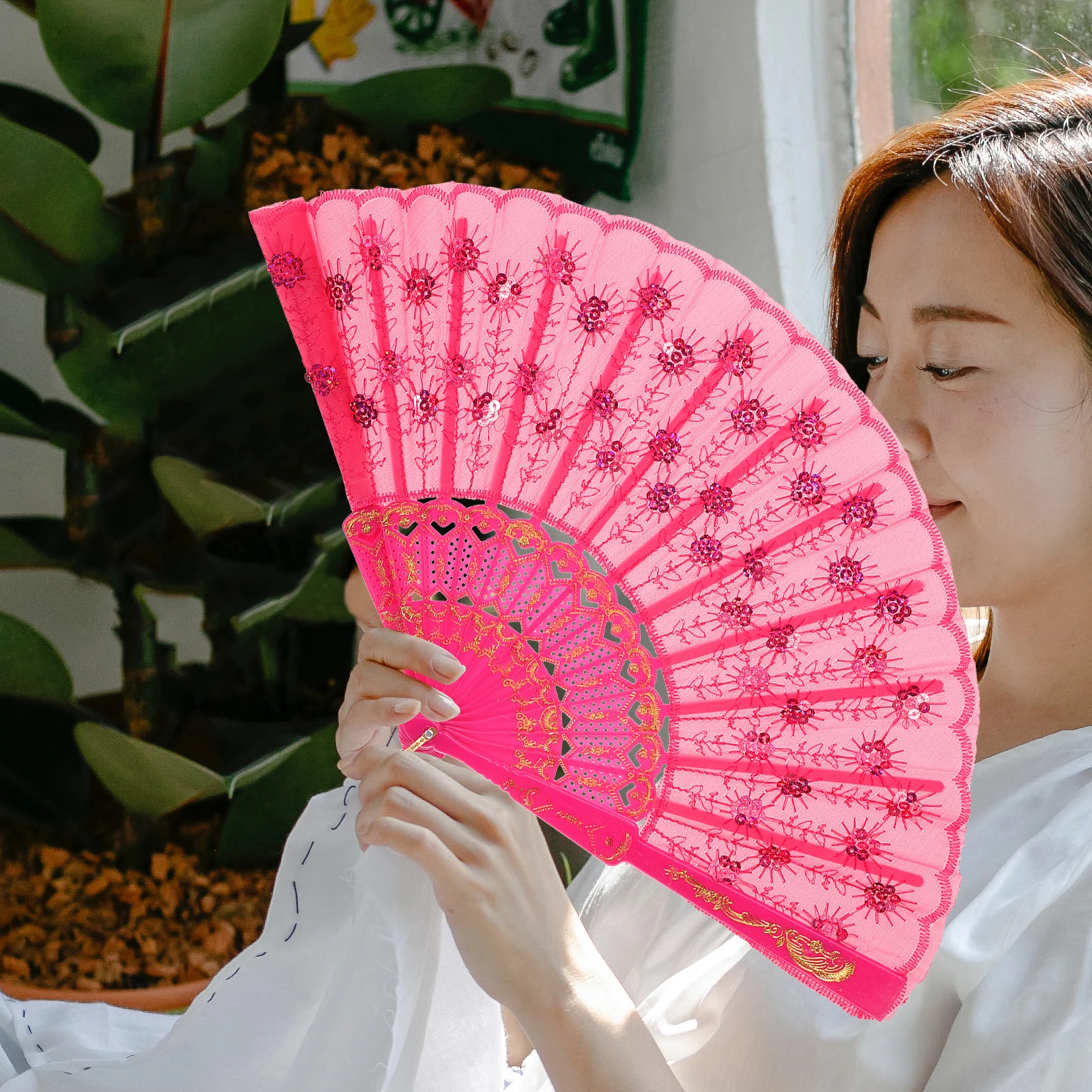 

Sequin Folding Fan Portable Decorative Hand Fans for Women Pink Plastic Lace 24cm Length 42cm Diameter Foldable Wedding Party