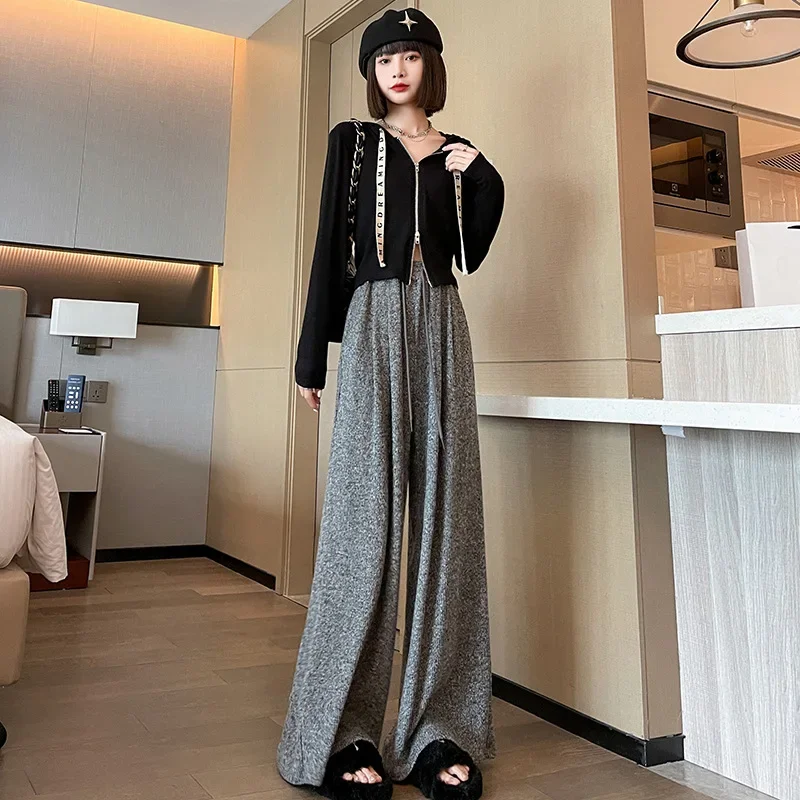Koreaanse stijl grijze damesbroek herfst winter nieuwe dames casual broek hoge taille gebreide wijde pijpen broek Y2k joggingbroek