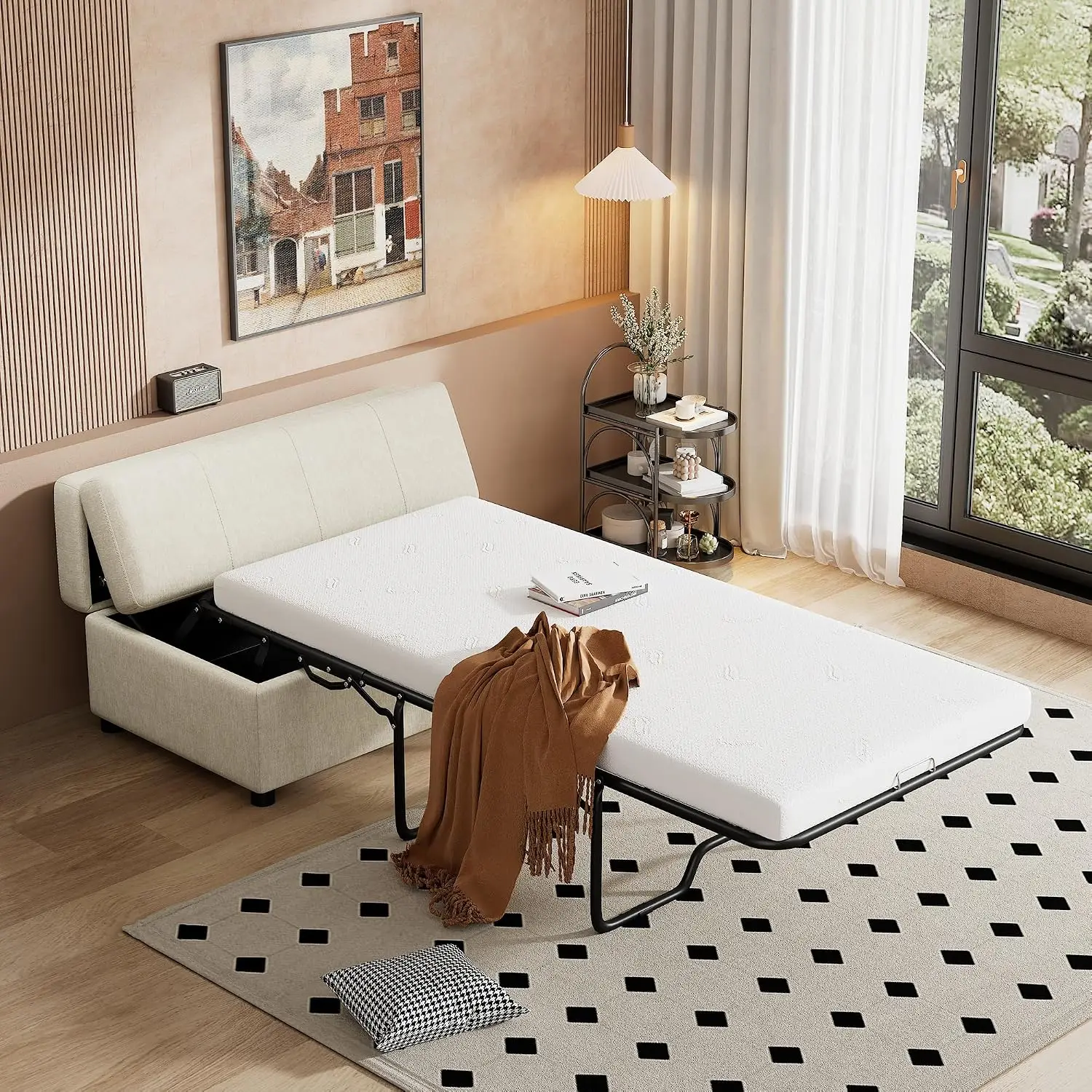 Twin Size Folding Ottoman Sleeper Bed with Mattress, Convertible Guest Bed Lounge for Living Room Bedroom Office, Customized