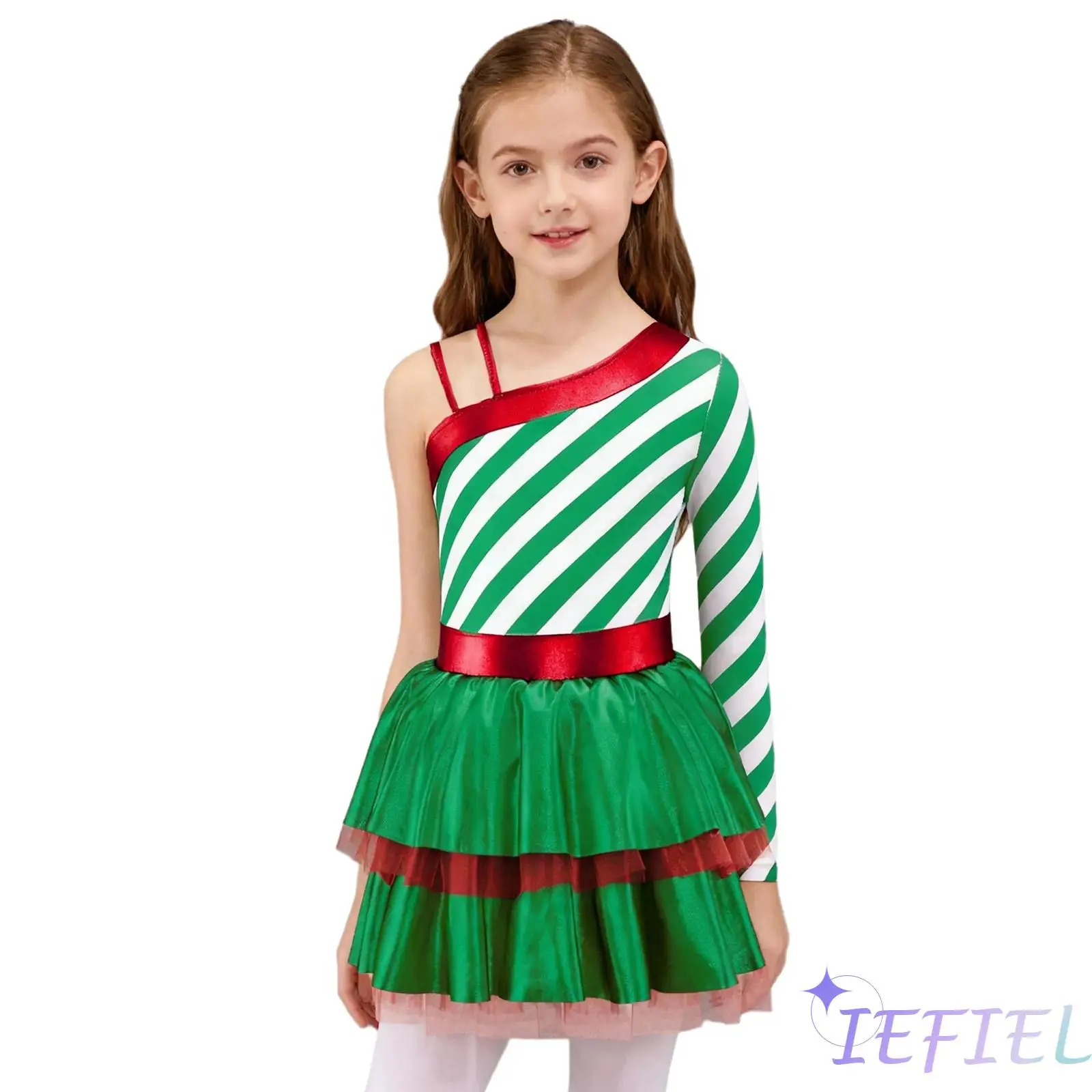 

Kids Girls Christmas Candy Cane Dress Right Straps Left Long Sleeve Patchwork Tutu Dress Fashion Xmas Princess Striped Dress