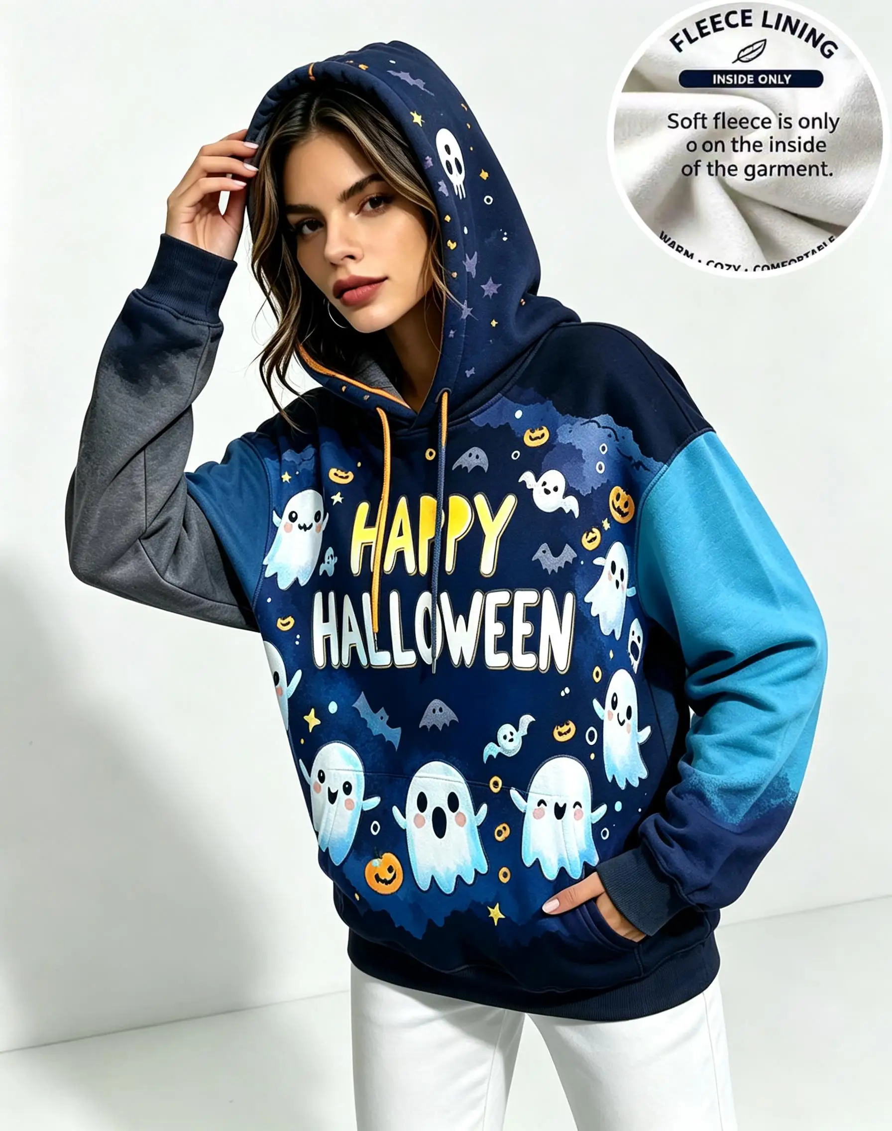 Women Happy Halloween Cute Ghost Letter Bat Pumpkin Star Print Fleece Hoodie Multi Color Block Pocket Sweatshirt