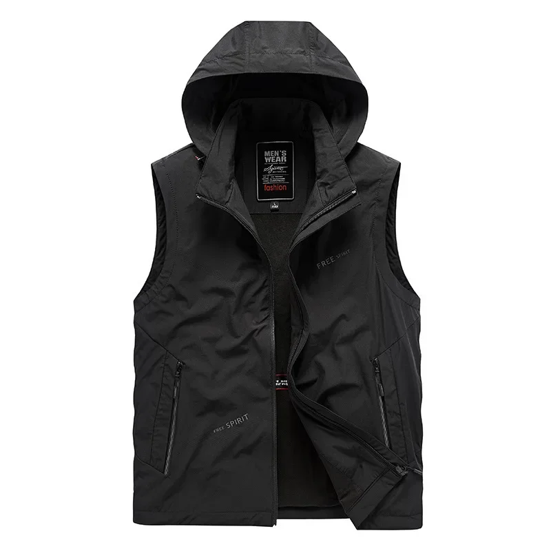MAIDANGDI Men's Spring and Autumn Vest Casual Oversized Thickened Warm Solid Color Hooded Vest Without Sleeves and Hat