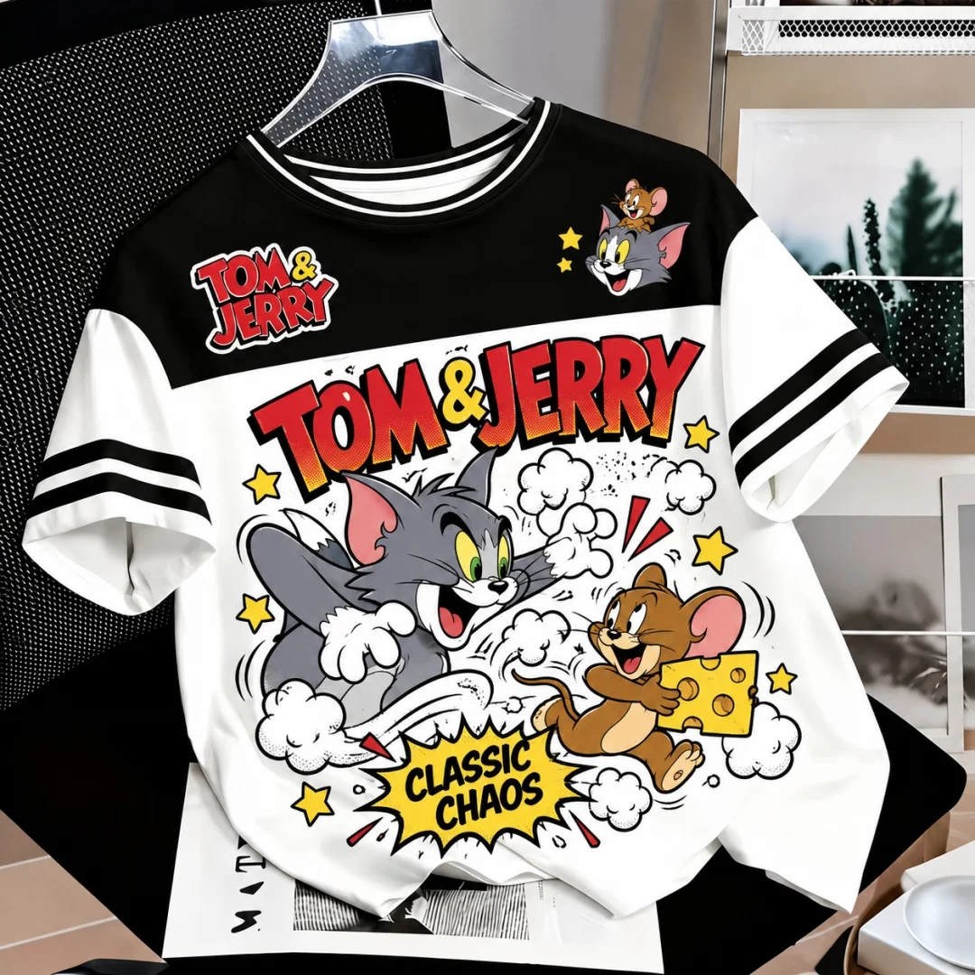 Tom & Jerry Grafik-T-Shirt für Herren und Damen, Vintage-Cartoon-Print, gestreifte Ärmel, Farbblock-Design, kurzärmelig, Alltags-T-Shirt, Kinder-T-Shirt ﻿ – Detail 4