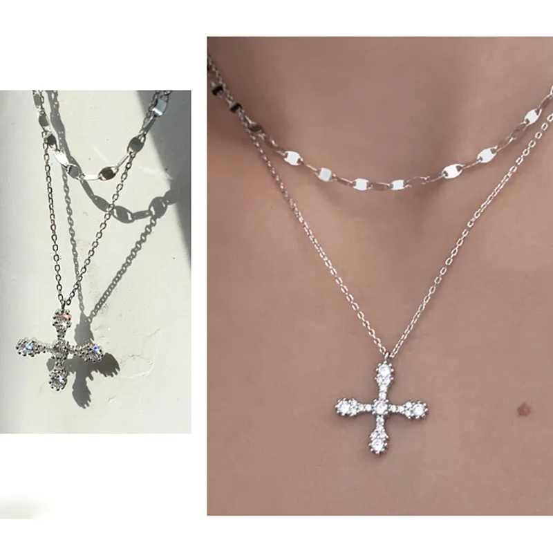 Image of Mode Frauen Kristall Zirkon Kreuz Anhänger Halskette für Frauen Mädchen Doppel Schicht Kette Halskette Punk Partei Schmuck