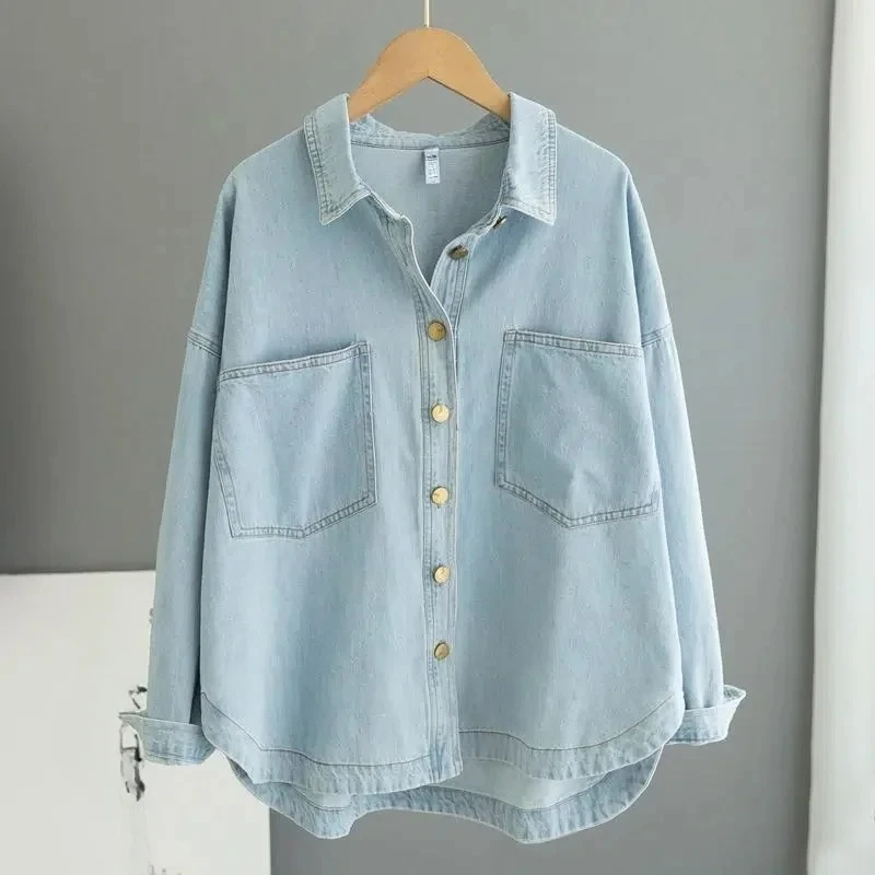 High-End Washed Light Blue Denim Shirt Women 2025 Spring Autumn New Coat Loose Slim Cowboy Jacket Casual Joker Female Trend Top