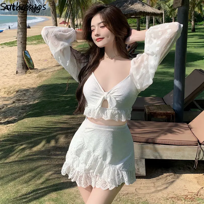 Conjunto de Bikini para mujer, traje de baño Sexy, ropa de calle elegante y fresca, moda Popular, estilo coreano, cintura alta, sólido, recién llegado, acogedor