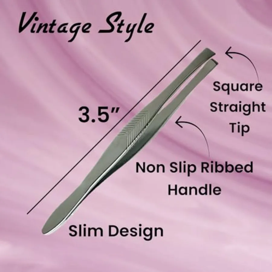 3 Vintage Style Square Tip Ribbed Professional Tweezers for Eyebrows Premium Precision for Facial Hair Splinter Ingrown Hair Re