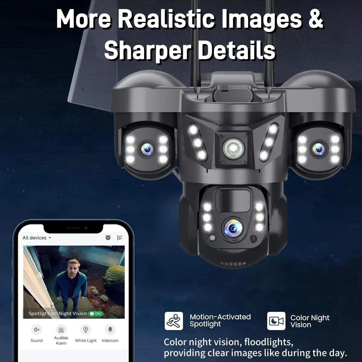 V380 Pro Telecamera WiFi solare 15MP Tripla lente Tripla schermo Zoom 10x Batteria esterna impermeabile Surveillan PIR Rilevamento umano Cam