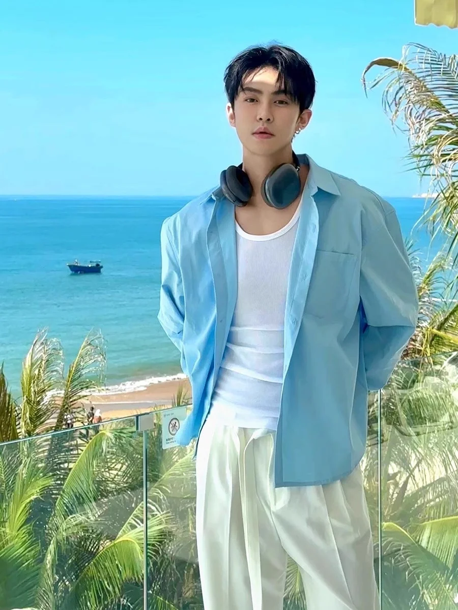 

Blue Long Sve irt Spring Beach Sle Men's Faion Casual Loose Fit Sun Protection Cotton Polyester Blend