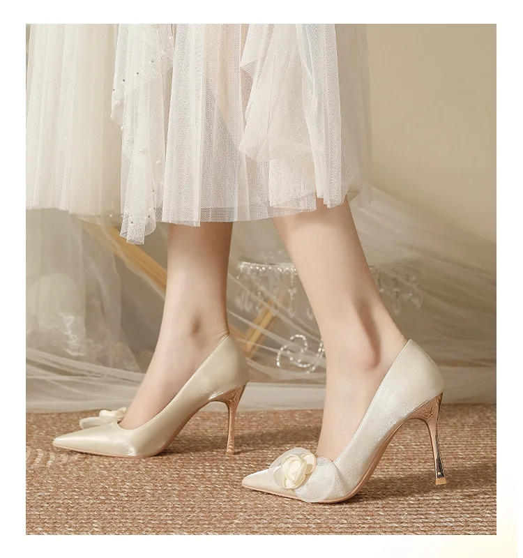 Large/small Size 30-44 Satin Stiletto Heel Pointed Toe Women's Flower Solid Color Beige Sardine Fabric Thin Heel Dress Shoes