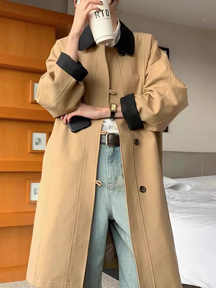 

Chic Autumn Winter Retro High-End Color Blo Collar Single Button Loose Casual Mid-Length Women's Coat Korean Sle Long Sve