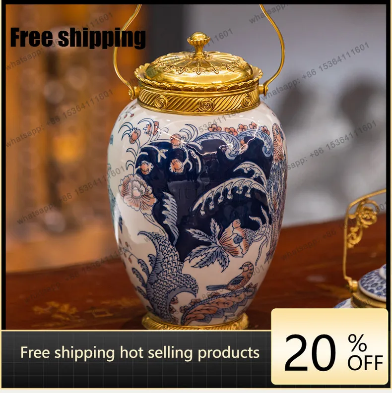 LS blue and white porcelain Chinese vase round belly general tank classical ceramic storage tank living room decoration ornament