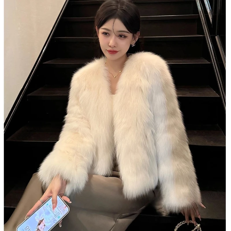 

Элегантная куртка из искусственного меха, женская осенне-зимняя теплая толстая однотонная верхняя одежда на пуговицах с круглым вырезом, модное женское пальто из искусственного лисьего меха