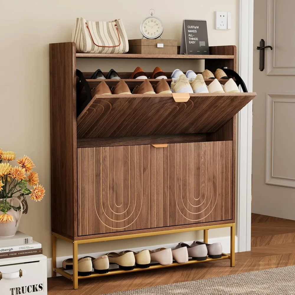 

Narrow Shoe Storage Cabinet with 2 Flip Drawers, Wooden Freestanding Hidden Shoes Rack Organizer for Entryway, Mid-Century Mode