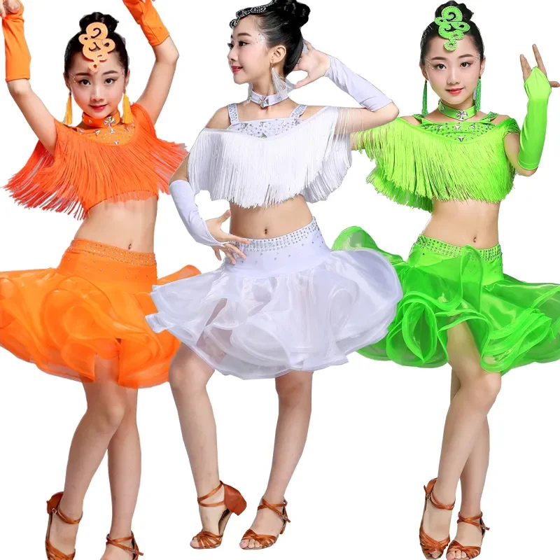 Vestido patinante com lantejoulas para meninas, roupas rave, borlas para salão de baile, roupas de dança latina infantil, performance salsa