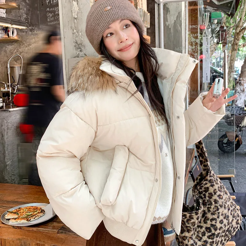 

Hooded Short Women Parkas Coats Solid Oversized Jackets Fur Collar Zipper Thick Loose Fit Casual Office Lady Autumn Winter 2025
