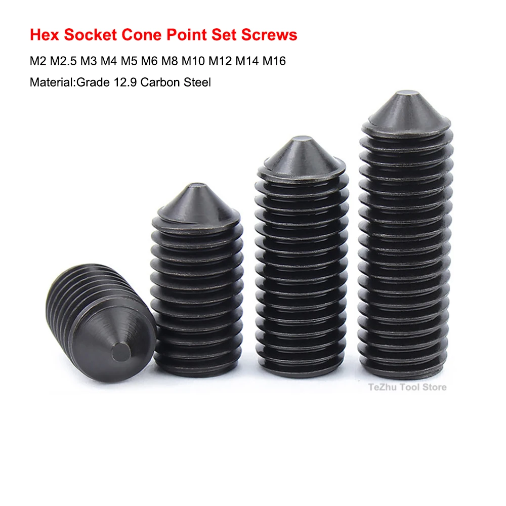 

12.9 Black Carbon Steel Hex Hexagon Allen Head Socket Screw Cone Point Grub Set Screws M2 M2.5 M3 M4 M5 M6 M8 M10 M12 M14 M16