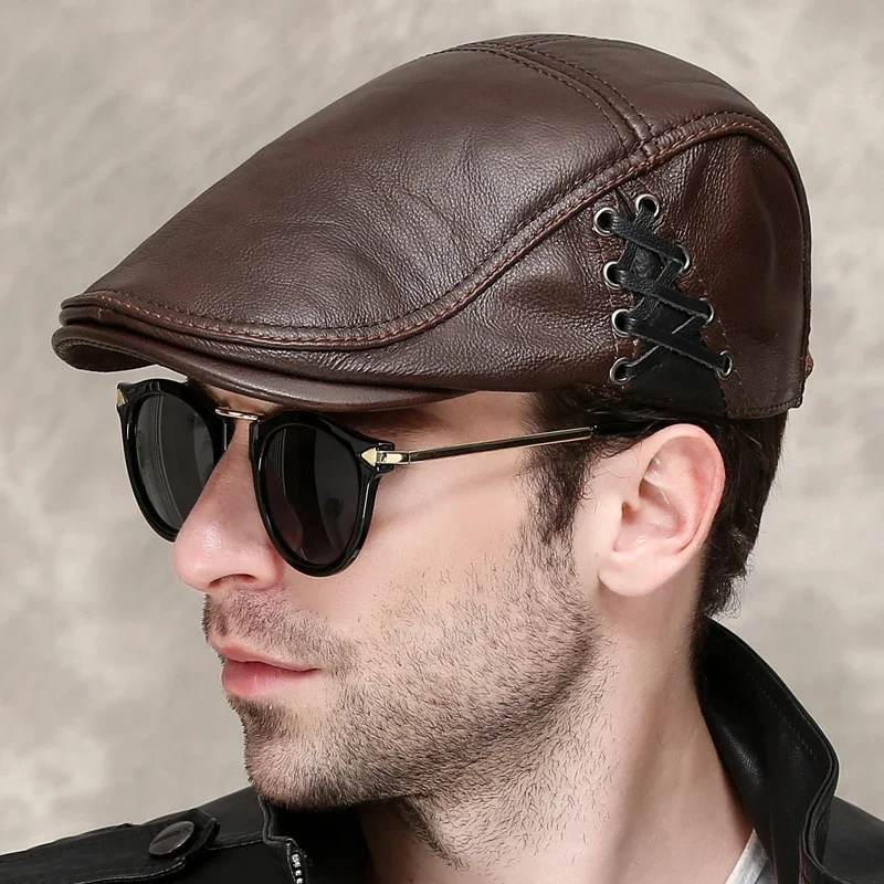 New Men\'s outdoor leather hat winter Berets male Multifunction Ear protection cap 100% genuine leather dad hat Leisure