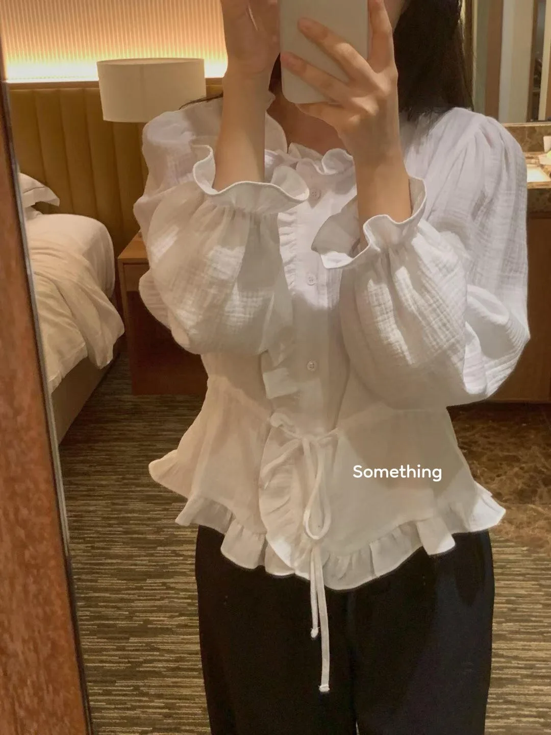 

Ele Faion Long Sve irt Women's Dstring Waist Design Wooden Bells Commute Sle Cotton Polyester Blend