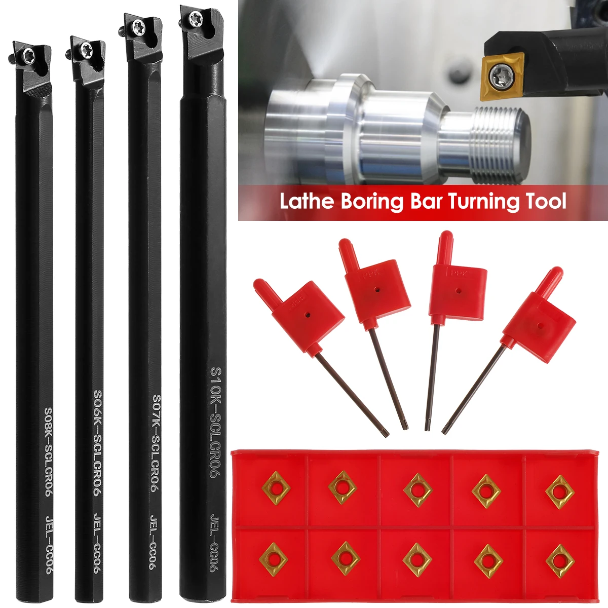 Lathe Boring Bar Turning Tool S06K/S07K/S08K/S10K-SCLCR06 Lathe Turning Tools Holder Set With Carbide Inserts and Wrenches