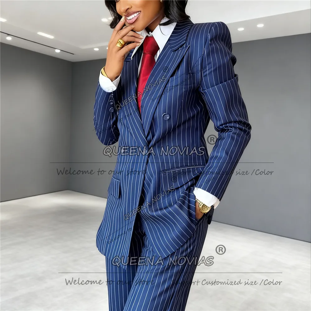 

Classic Stripes Women Suits Double Breasted Jacket Pants 2 Pieces Sets Mother Of Bride Dresses Customized Lady Business Outfits