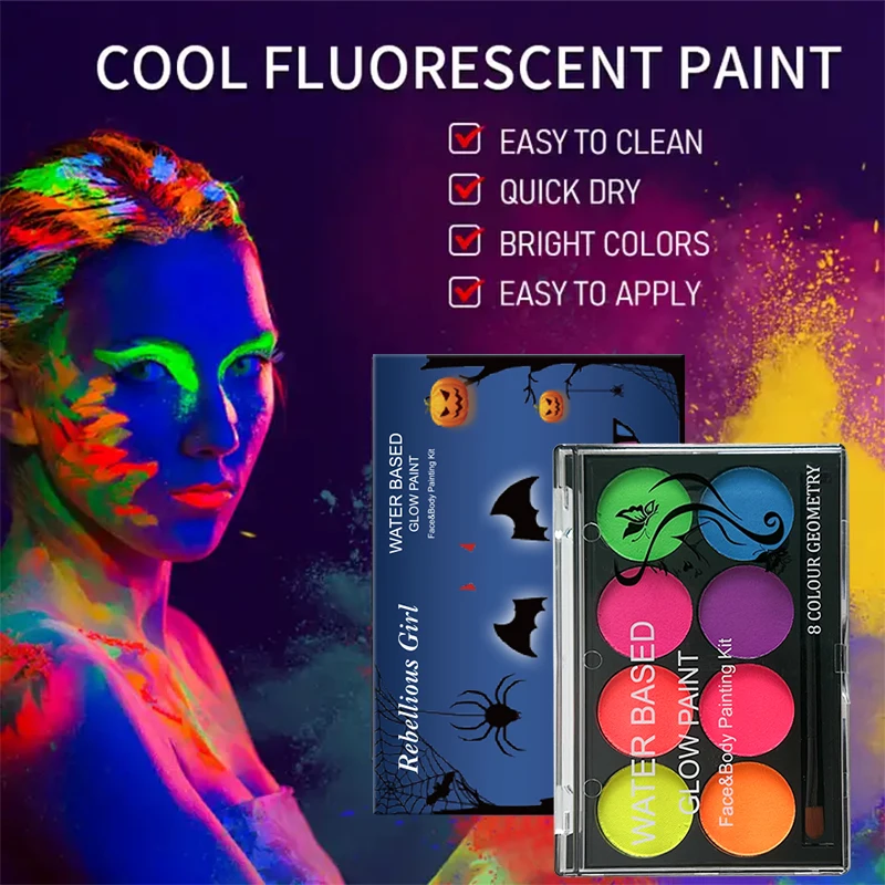 8 Colors Fluorescent Face & Body Paint –Water Activated UV Glow Makeup Kit for Halloween Festival Rave Party, Cosplay Supplies