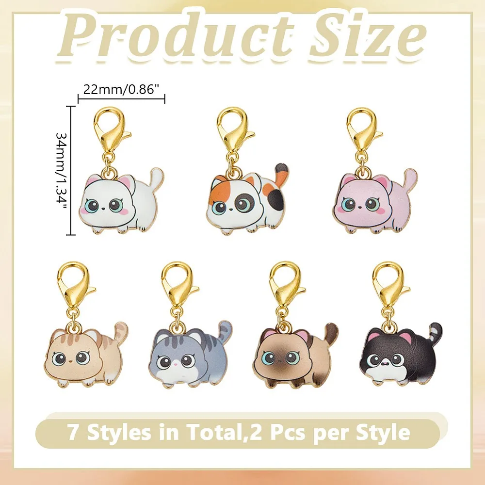 14Pcs 7 Styles Cat Alloy Enamel Pendant Locking Stitch Markers with Alloy Lobster Claw Clasps Mixed Color 3.5cm 2pcs/style view 2