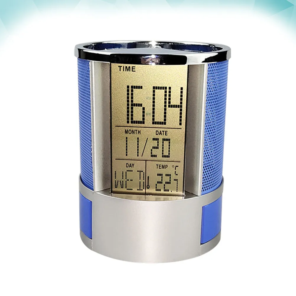 Multifunction Pen Holder Perpetual Calendar Clock Pen Container Steel Wire Mesh Pencil Organizer Desk Time Date Temperature