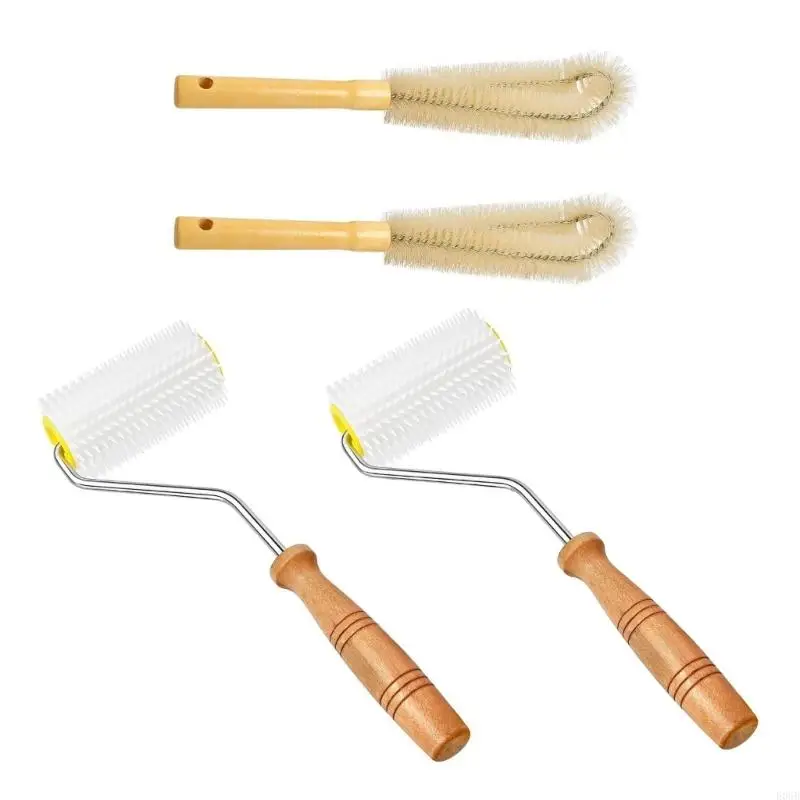 E06B 2 PCS Honeys Extractor uncaping Neadle Roller و 2 PCS Cleaning Bees Brush Honeys Eduction مع مقبض خشبي