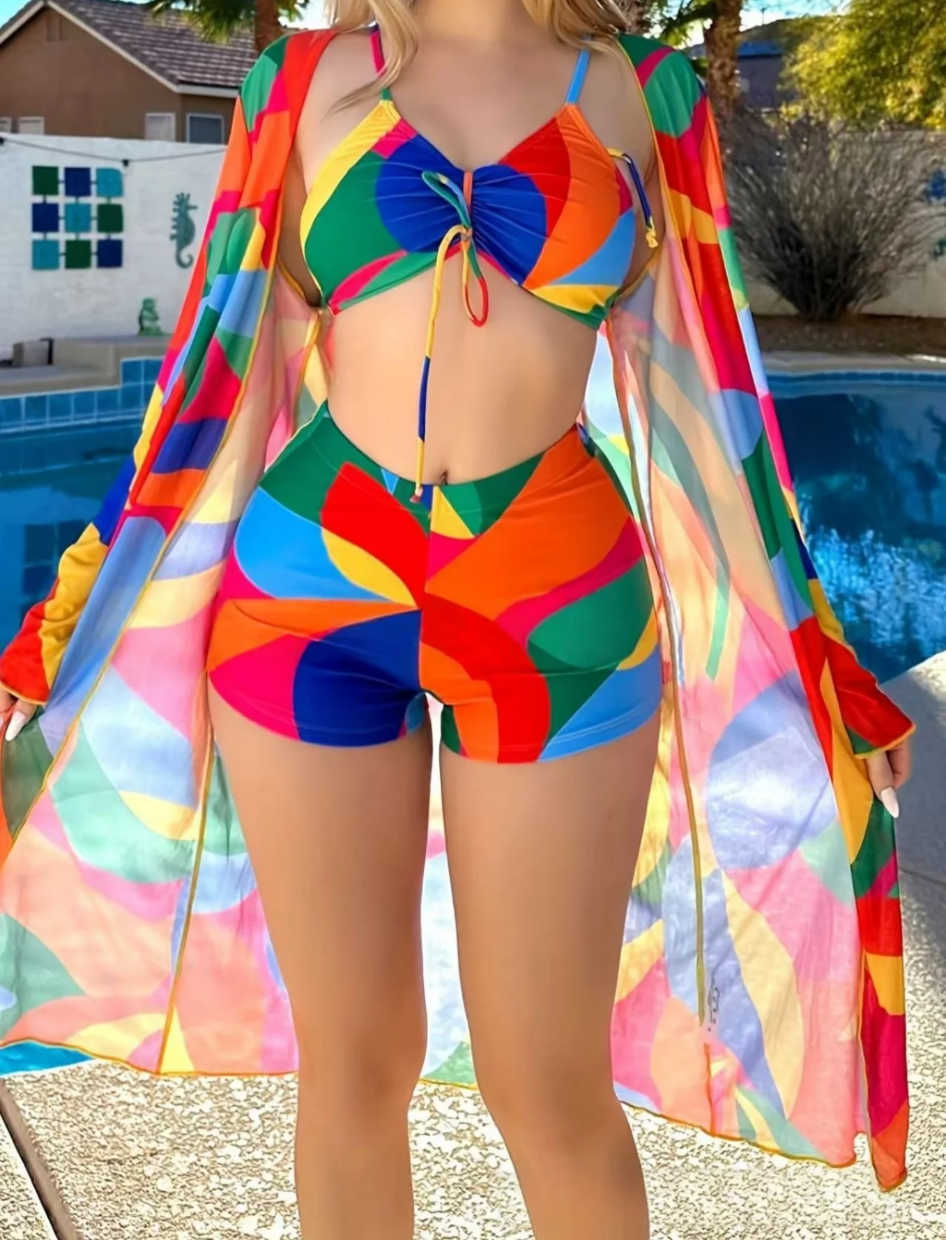 2329 Women 3-Piece Colorful Geometric Print Swimsuit Set Drawstring Bikini High Waist Shorts with Kimono Cover Up