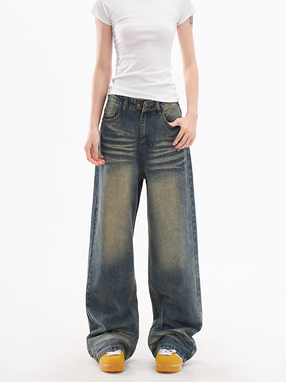 

Американские джинсы с выцветшими широкими штанинами, женские ранняя весна, новый дизайн, небольшие брюки Ence, брюки длиной до пола