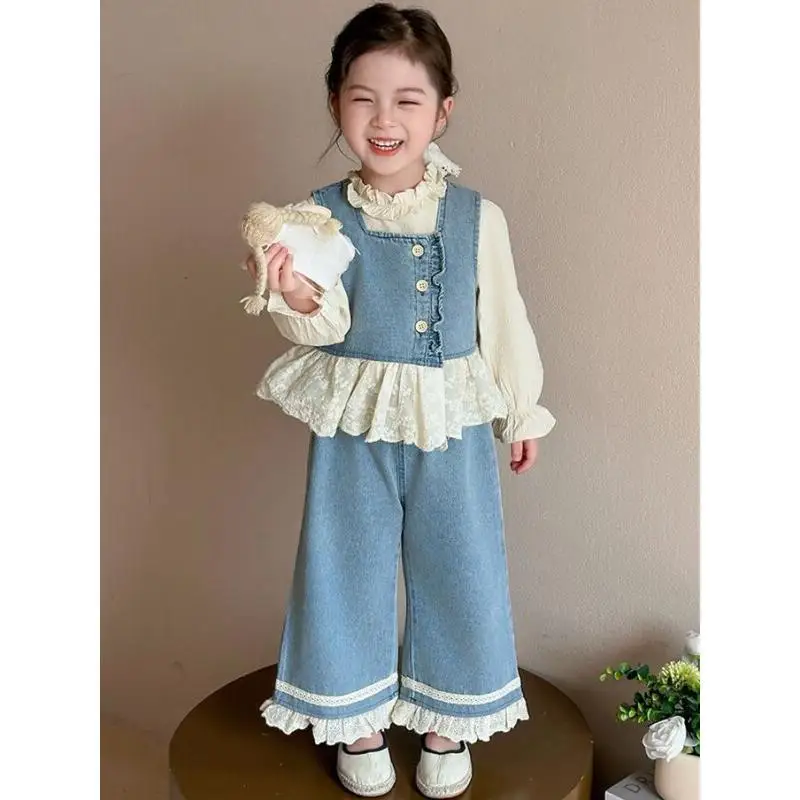 

Children's Clothing New Style Blue Girls Three Piece Set With Lace Shirt Lace Jeans And Vest For Spring Autumn Fashion Outfit