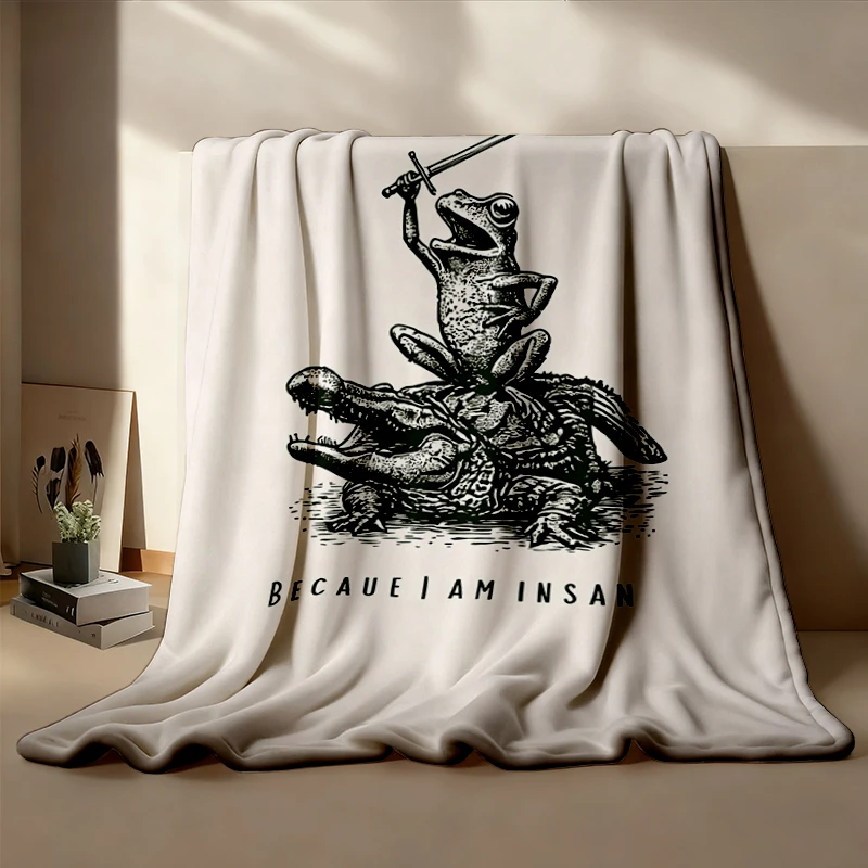 Funny Frog Riding Alligator Flannel Throw - Medieval Woodcut Style, Gamer Gift Cozy Blanket