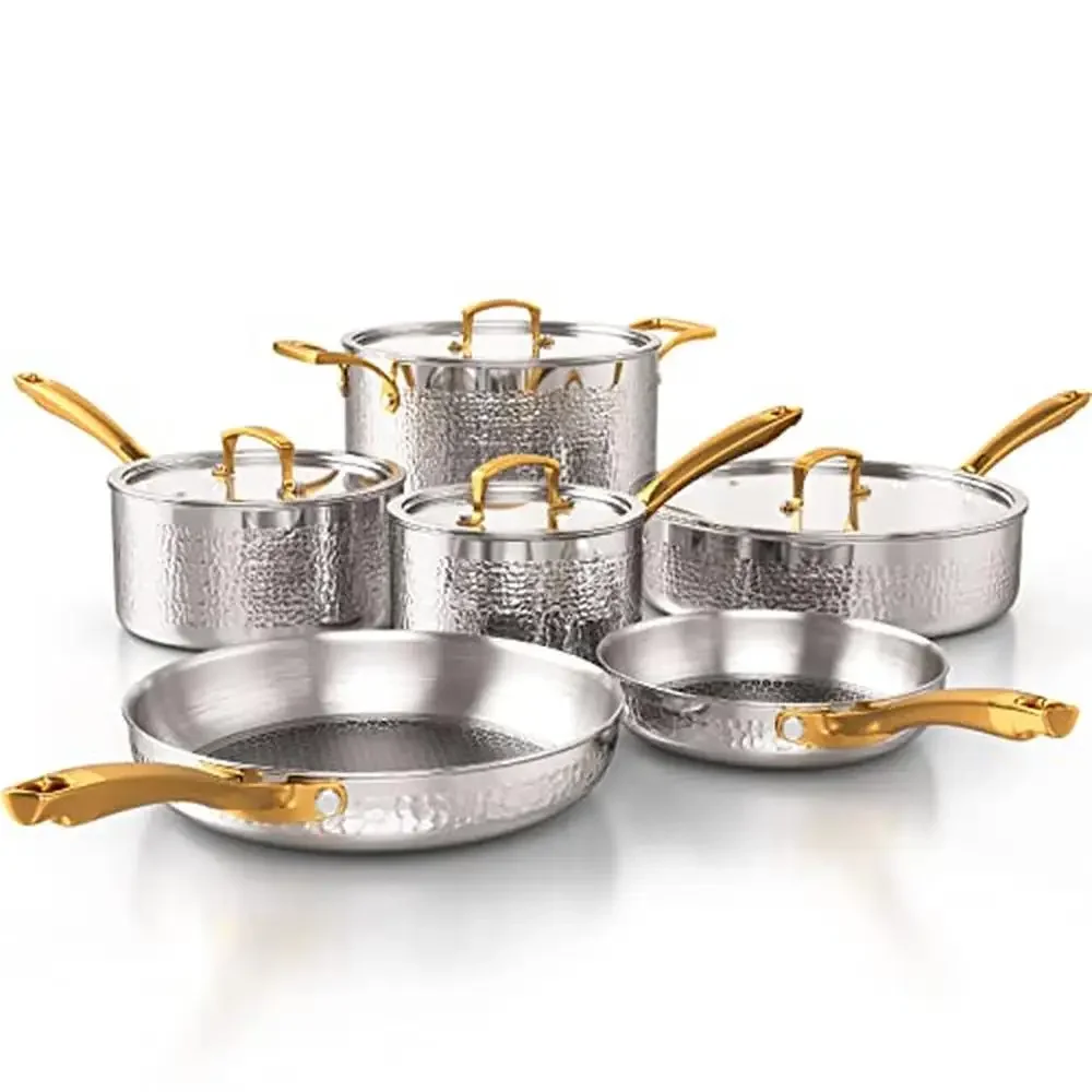 Stainless Steel Tri-Ply Cookware Set Induction Compatible Dishwasher Safe Oven Non-Toxic Hammered Kitchen Pots Pans Gold Handle