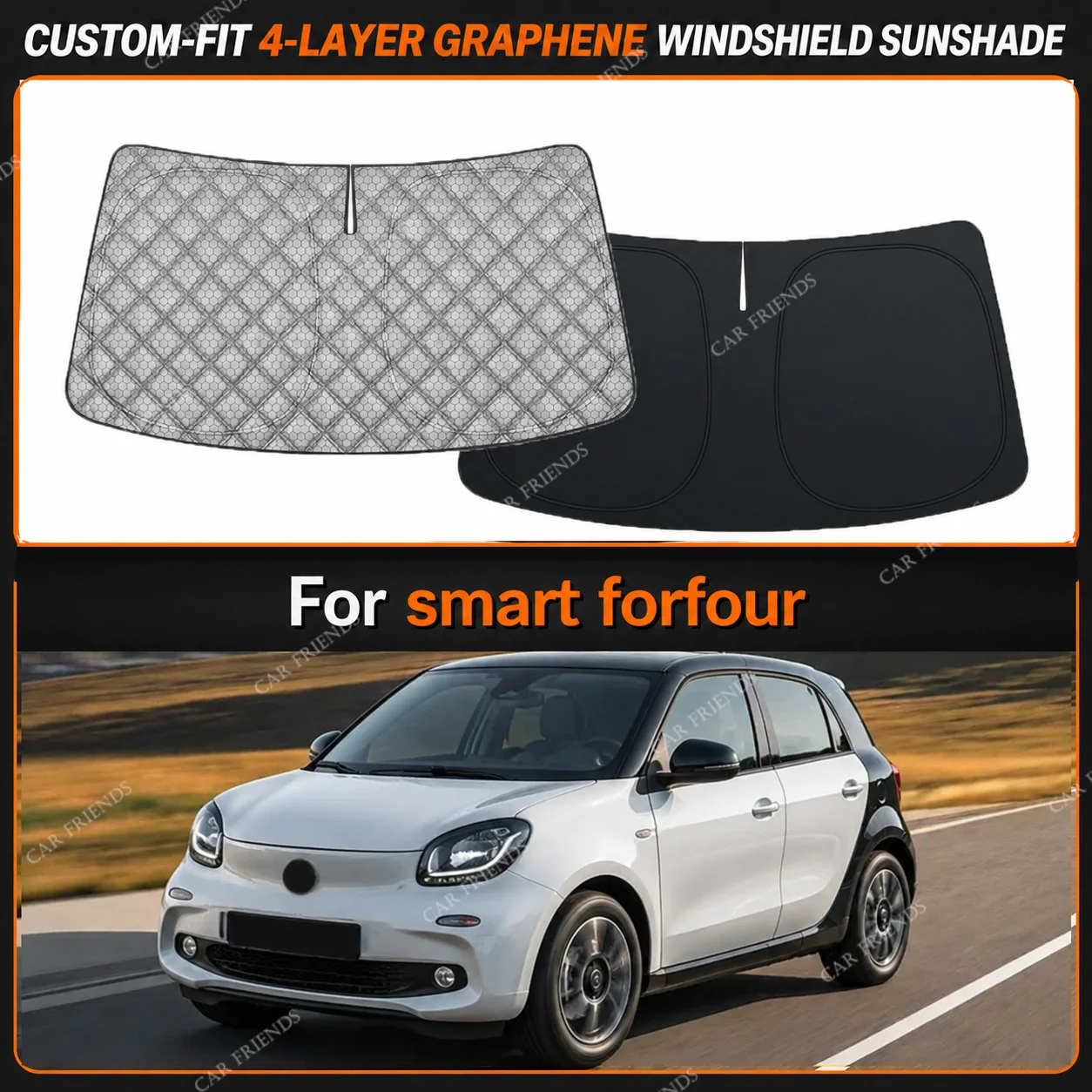 For smart forfour Custom-Fit 4-Layer Graphene Windshield Sunshade Reflective Gray-Silver Surface Helps Reduce Direct Sunlight