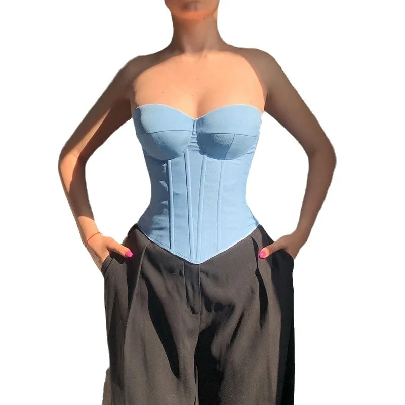 Lente en zomer minimalistische Harajuku retro mode imitatie denim high street trend temperament strapless sexy vetertop Y2K
