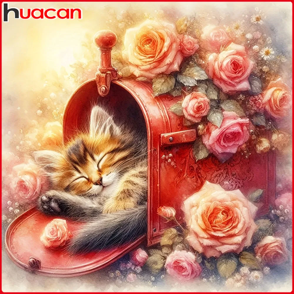 Huacan Diamantmalerei Sleeoing Katze Rose Diamantmosaik Tierblume Komplettset Dekorative Gemälde