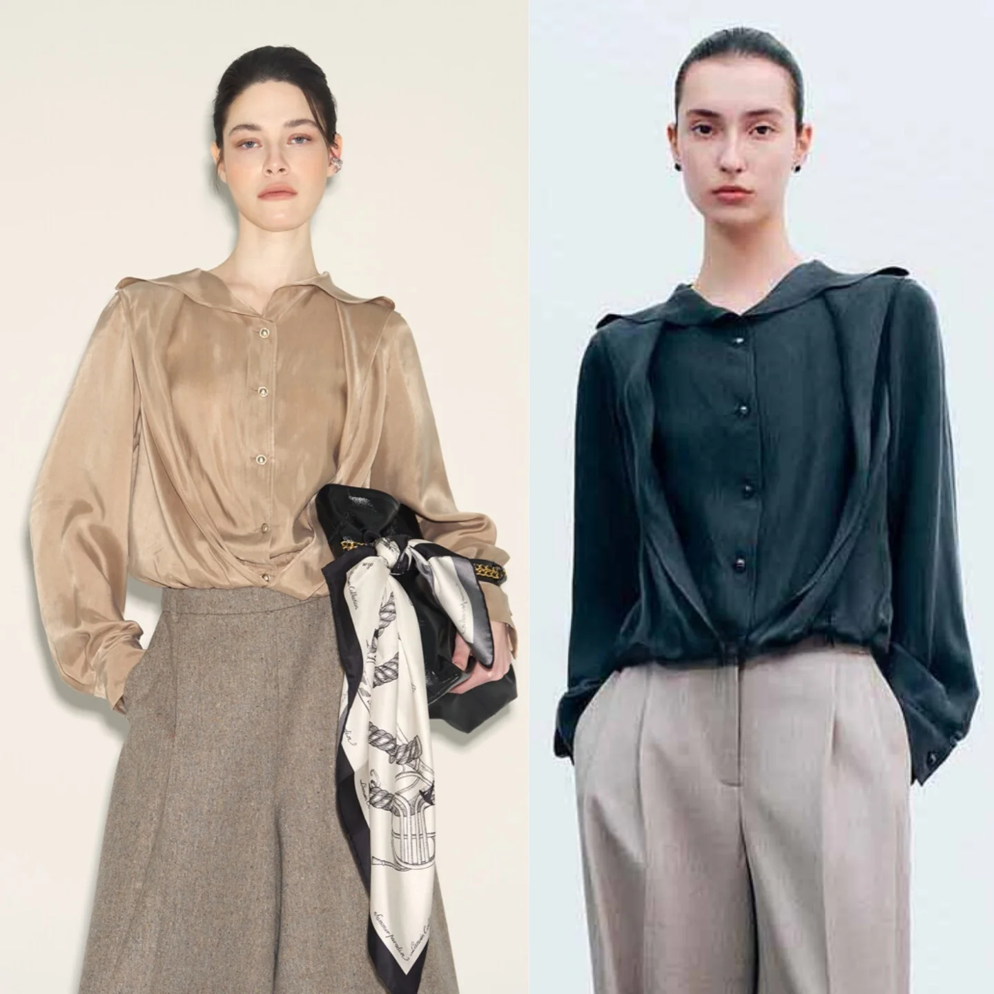 

Рубашка из шелковой смеси в корейском стиле, с темно-синим воротником, эластичная, плиссированная, удобная для повседневной носки, универсальный облегающий топ, женская мода