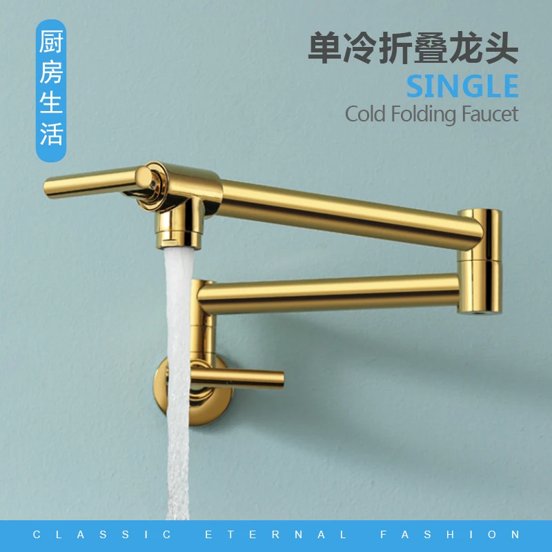 Wall Mounted Single Hole Pot Filler Taps Double Handle Folding Kitchen Faucet Single Cold Kitchen Stove Pot Filler Faucet Gold
