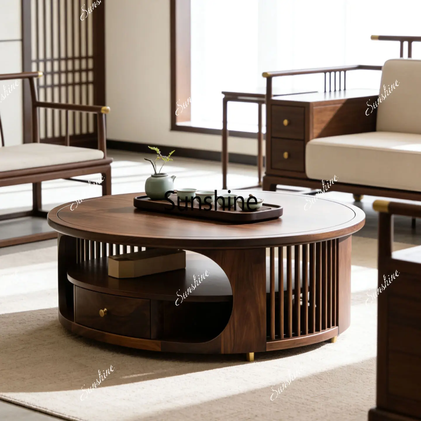 

New Chinese round coffee table solid wood tea table small apartment living room minimalist low table